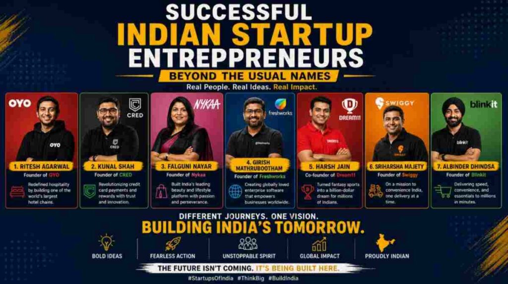 Ritesh Agarwal , Founder of OYO ,Kunal Shah , Founder of CRED ,Falguni Nayar ,Founder of Nykaa ,Girish Mathrubootham, Founder of Freshworks , Harsh Jain ,Co-founder of Dream11 ,Sriharsha Majety, Founder of Swiggy , Albinder Dhindsa ,Founder of Blinkit,Indian startup entrepreneurs, Ritesh Agarwal OYO, Falguni Nayar Nykaa, Indian founders success stories, startup ecosystem India