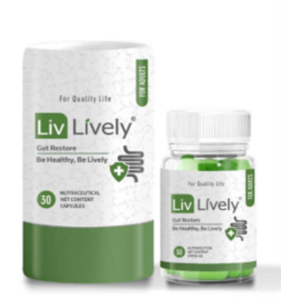 LivLively Gut Restore: Plant-Based Gut Health Care 1 LivLively Gut Restore Capsules bottle with natural green tea leaves and amla on the side