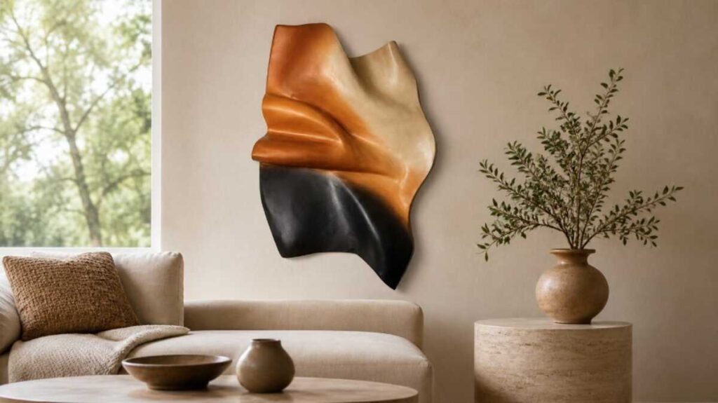 Modern textured wall art displayed in a contemporary living room interior