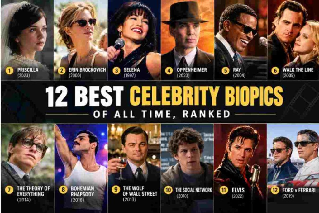 12 Iconic Celebrity Biopics That Redefined Cinema 1 Collage of iconic celebrity biopic movie posters including Oppenheimer, Elvis, and Bohemian Rhapsody