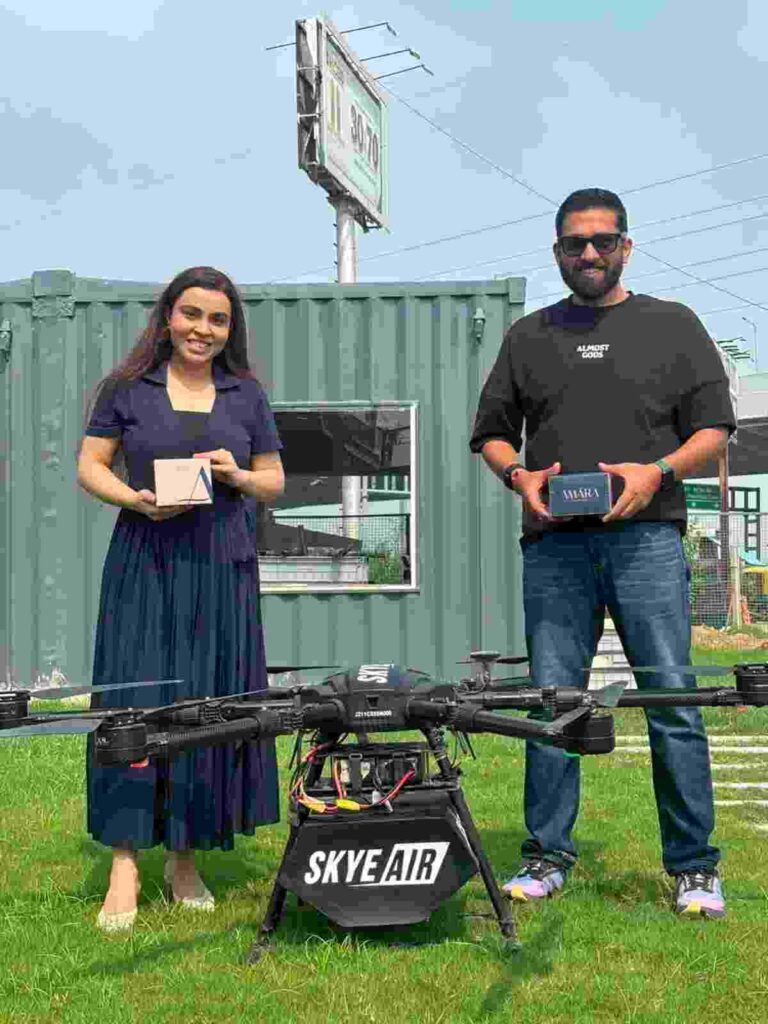 Forgot Your Sanitary Pads? In Delhi-NCR, They Could Now Come Flying in by Drone 1 A Skye Air logistics delivery drone carrying a package of AMARA period care essentials over the Delhi-NCR skyline