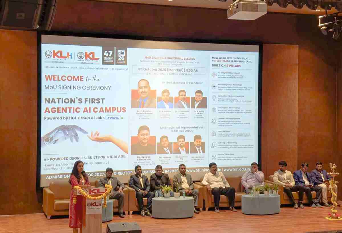 India’s First Agentic AI Campus Takes Shape at KLH Hyderabad 2 KLH Hyderabad leadership and HCL Group AI Labs executives exchanging MoU at the Agentic AI Campus launch